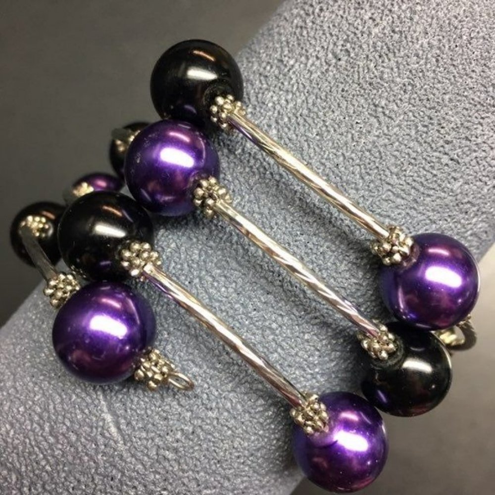 Memory Wire Bracelet Round Purple Black Silver Twist Wire Wrap Retro BoHo